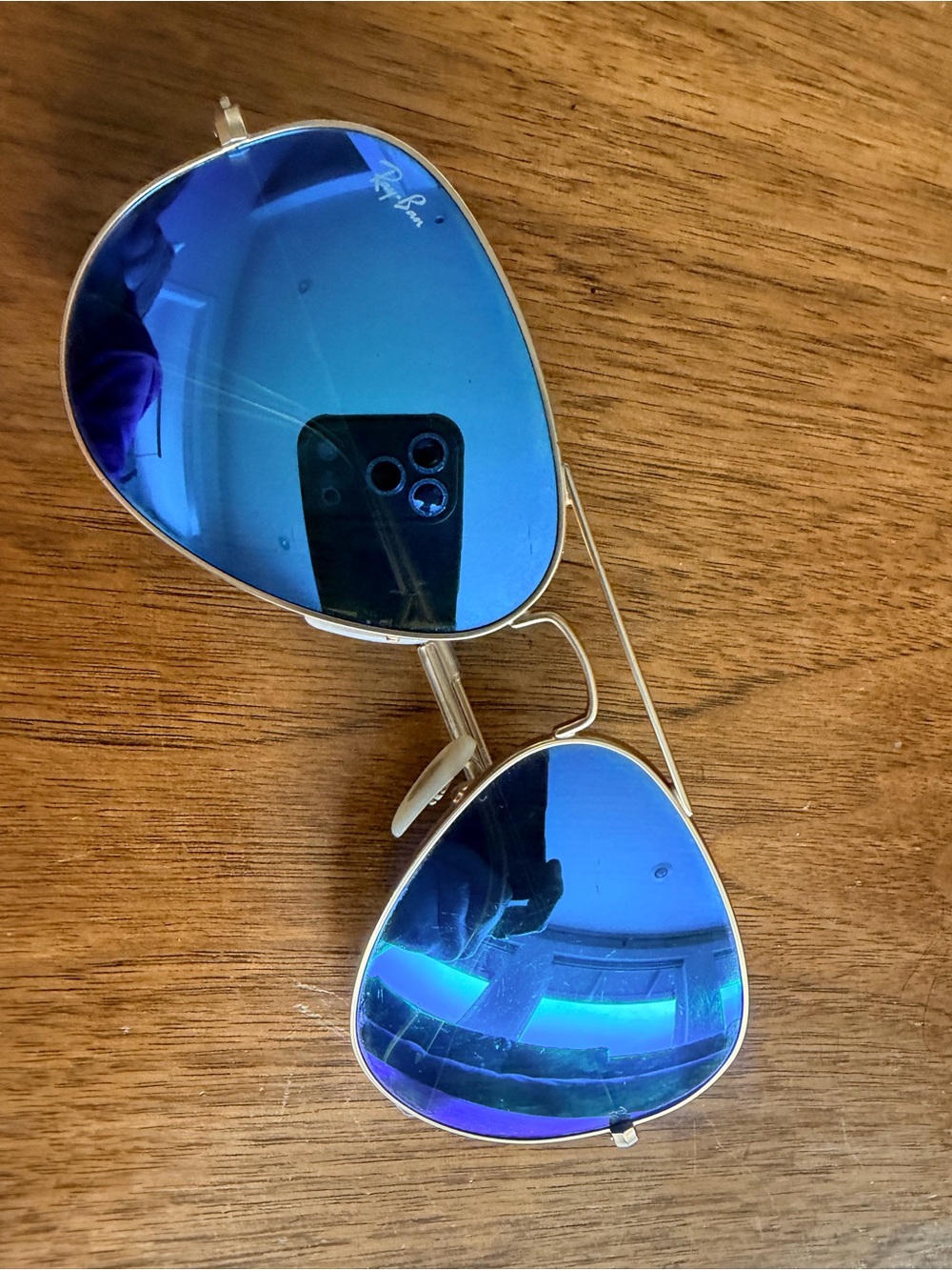 Ray-Ban Gold Frame Sunglasses with Blue Mirrored Lenses
